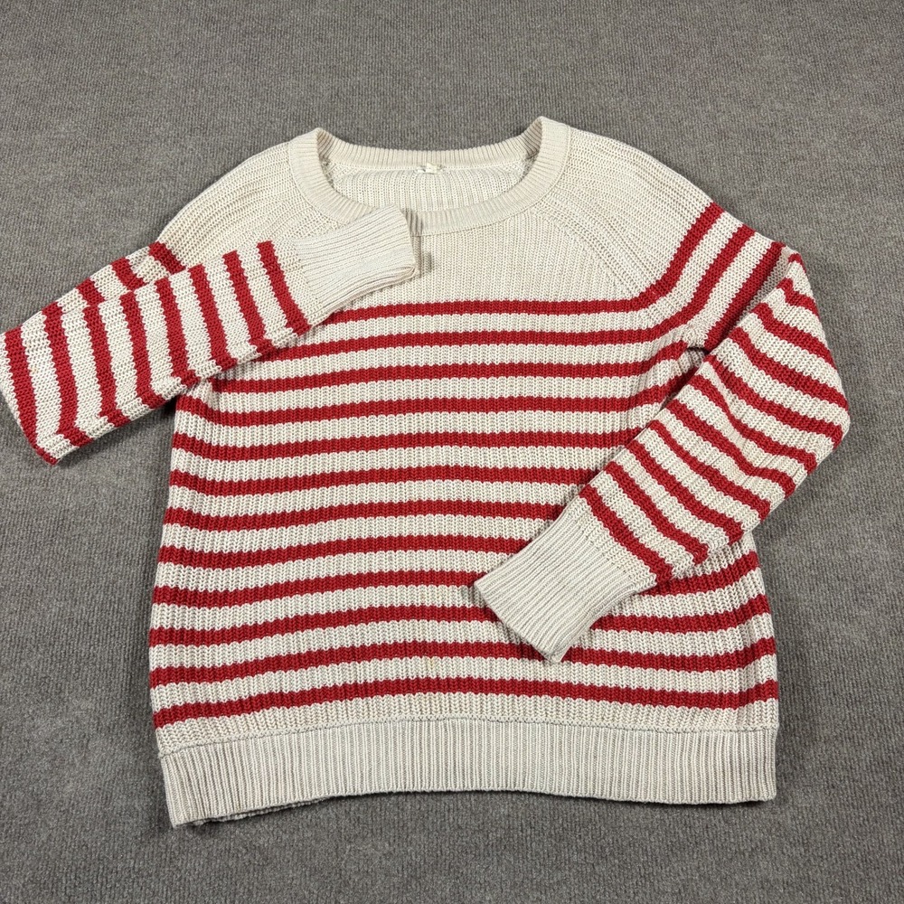 J.Crew Sweater Womens Large Cream Red Striped Knitwear Ribbed Trim Raglan Sleeve